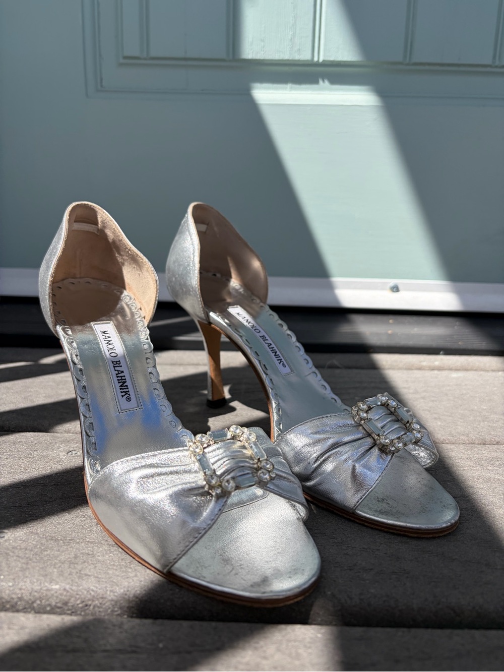 Manolo Blahnik Silver Satin D'Orsay Pumps with Crystal Buckle